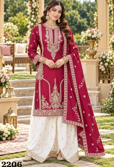Maroon Chinon Embroidered Work Ceremonial Palazzo Salwar Suit